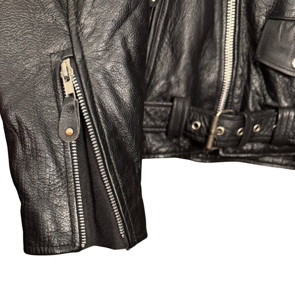 Vintage 90s Black Leather Motorcycle Jacket With Belt Zip Out Liner - Picture 7 of 13